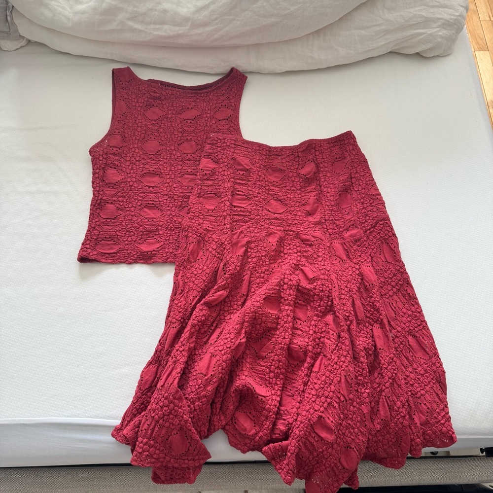 With Jean Red Textured Knit Skirt Set